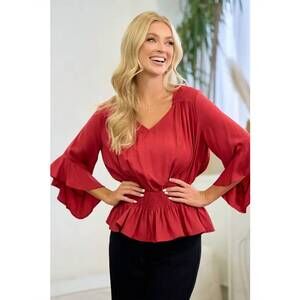 NEW DOE AND RAE smocked yoke peplum blouse in scarlet
